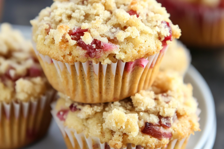 Indulge in the deliciousness of these muffins, packed with tangy rhubarb and crunchy streusel, perfect for breakfast or a sweet snack.