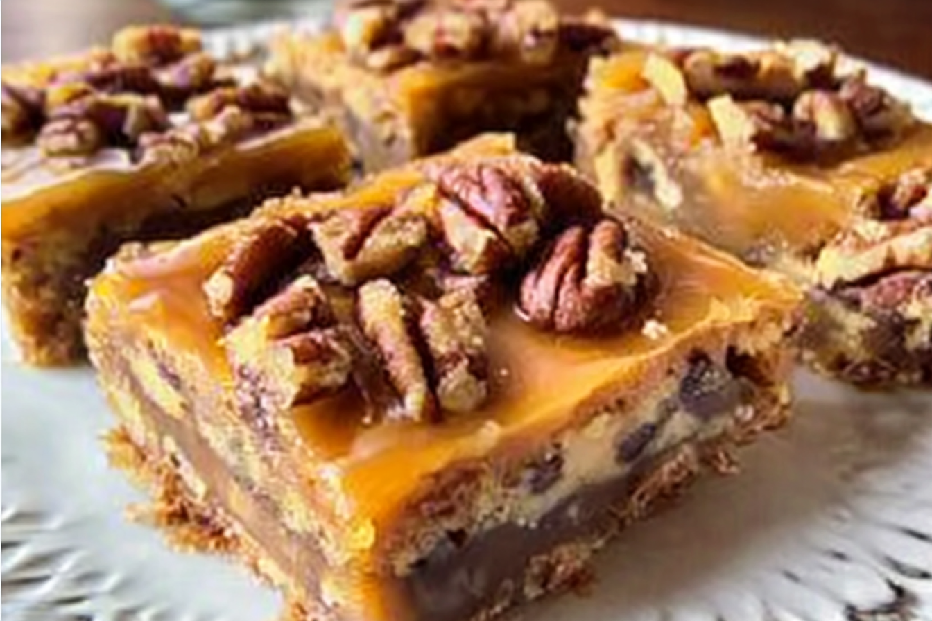 These Caramel Pecan Dream Bars are the perfect indulgent treat, combining a rich buttery base with gooey sweetened condensed milk, crunchy pecans, and delicious brickle bits, making every bite a delight.