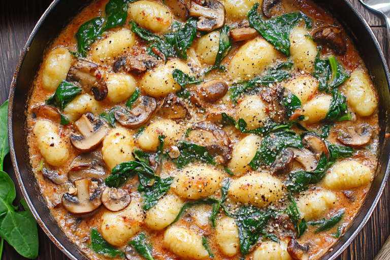 Indulge in this luscious creamy spinach and mushroom gnocchi dish, perfect for a cozy dinner. It's easy to prepare and bursting with flavor, making it a family favorite.