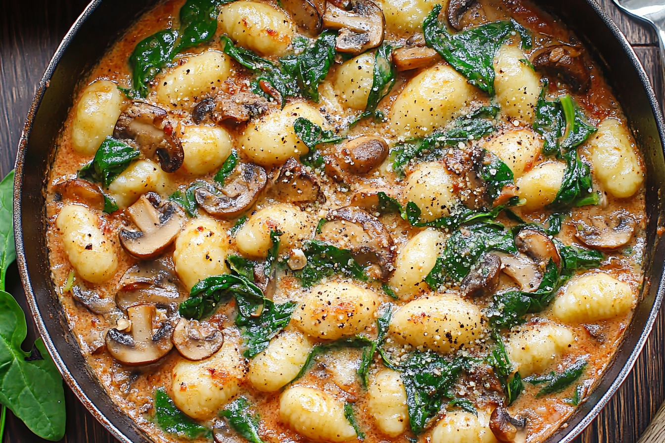 Indulge in this luscious creamy spinach and mushroom gnocchi dish, perfect for a cozy dinner. It's easy to prepare and bursting with flavor, making it a family favorite.