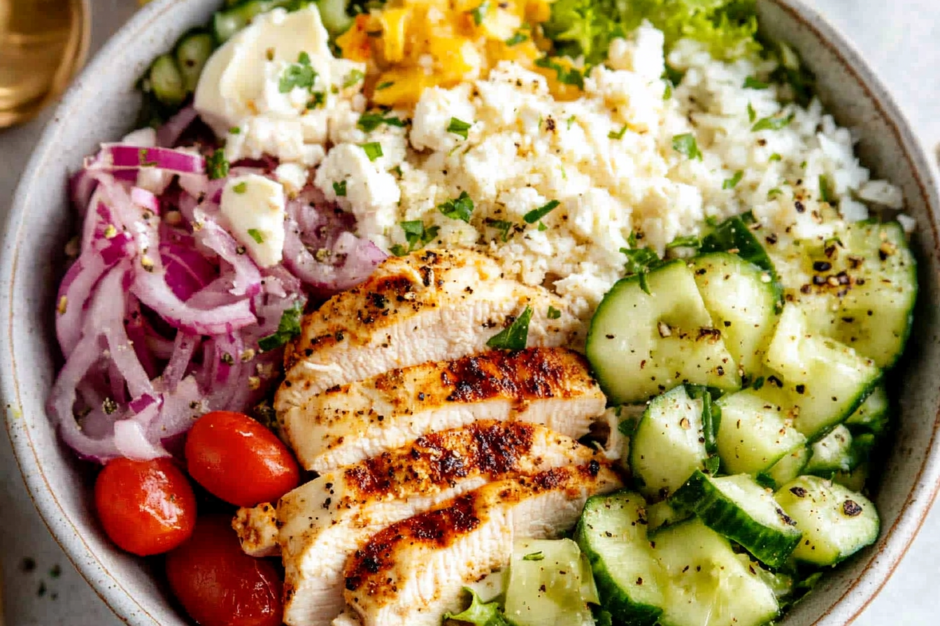 Experience the vibrant flavors of the Mediterranean with this Greek Chicken Bowl, combining juicy grilled chicken, fresh veggies, and a zesty homemade dressing for a nutritious and delicious meal.