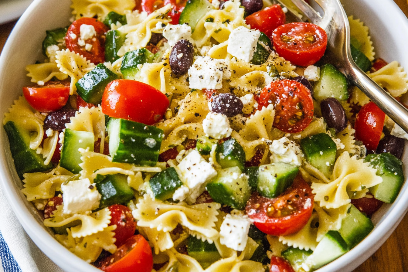 Enjoy a refreshing and vibrant Greek Pasta Salad perfect for gatherings or a light lunch.