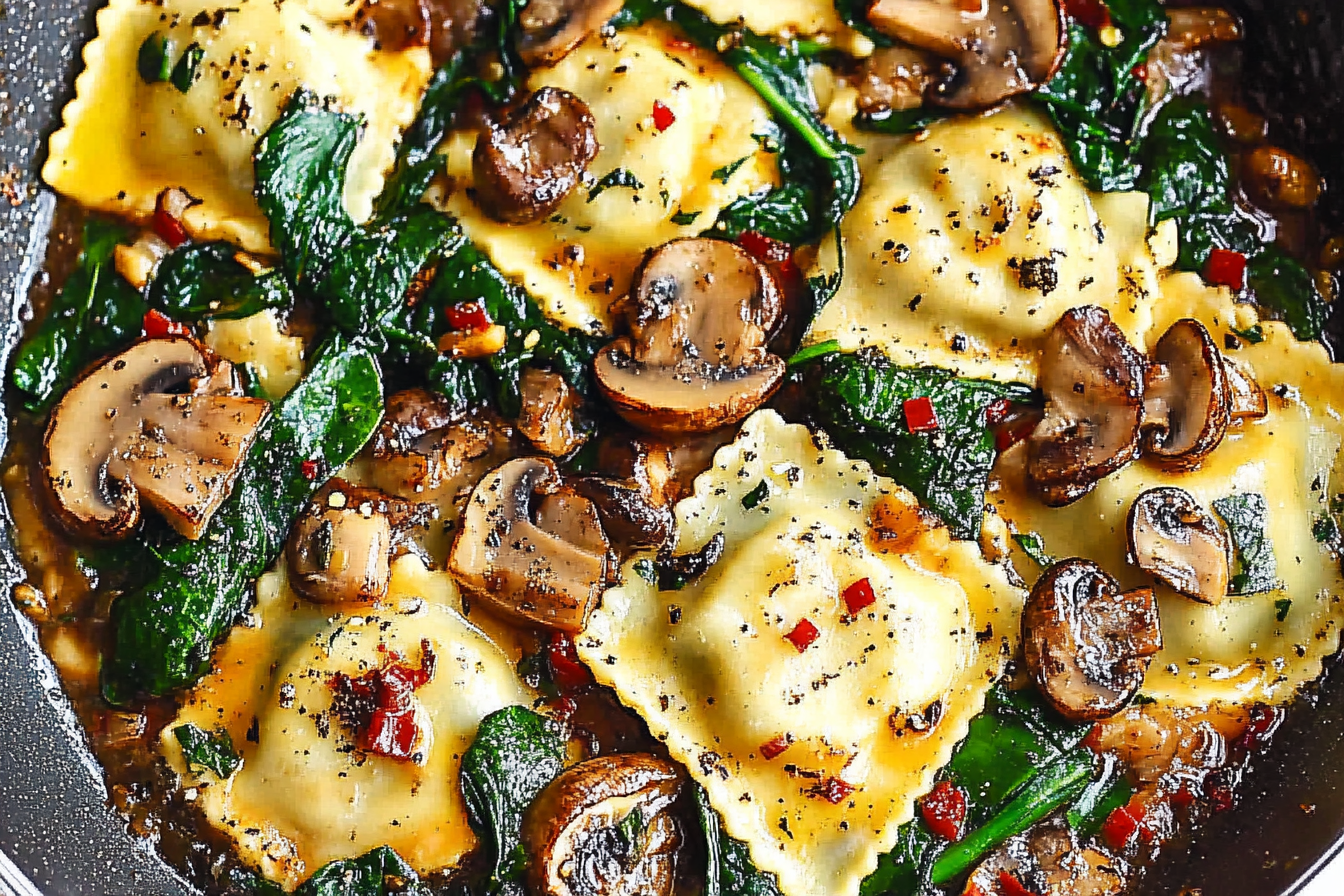 Experience a delightful blend of flavors with this Mushroom Ravioli with Spinach, perfect for a satisfying dinner.