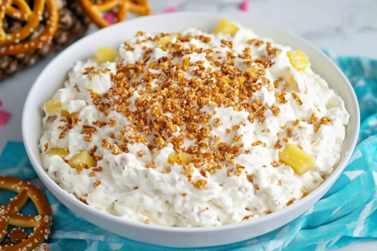 This refreshing and unique dessert combines sweet pineapple and crunchy pretzels for a delightful treat.