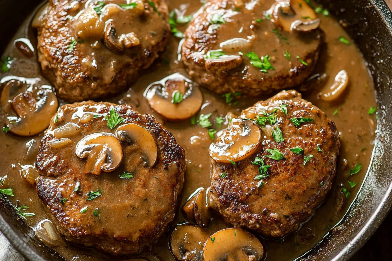 Savor the comforting flavors of Salisbury Steak in Mushroom Onion Gravy, perfect for family dinners and meal prep!