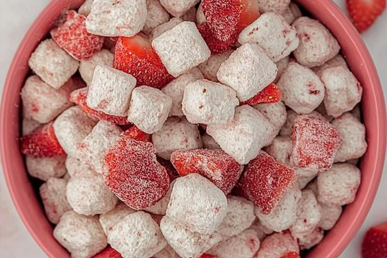 Indulge in this delightful snack that combines the sweetness of strawberries and the crunch of Chex, perfect for sharing or enjoying alone.