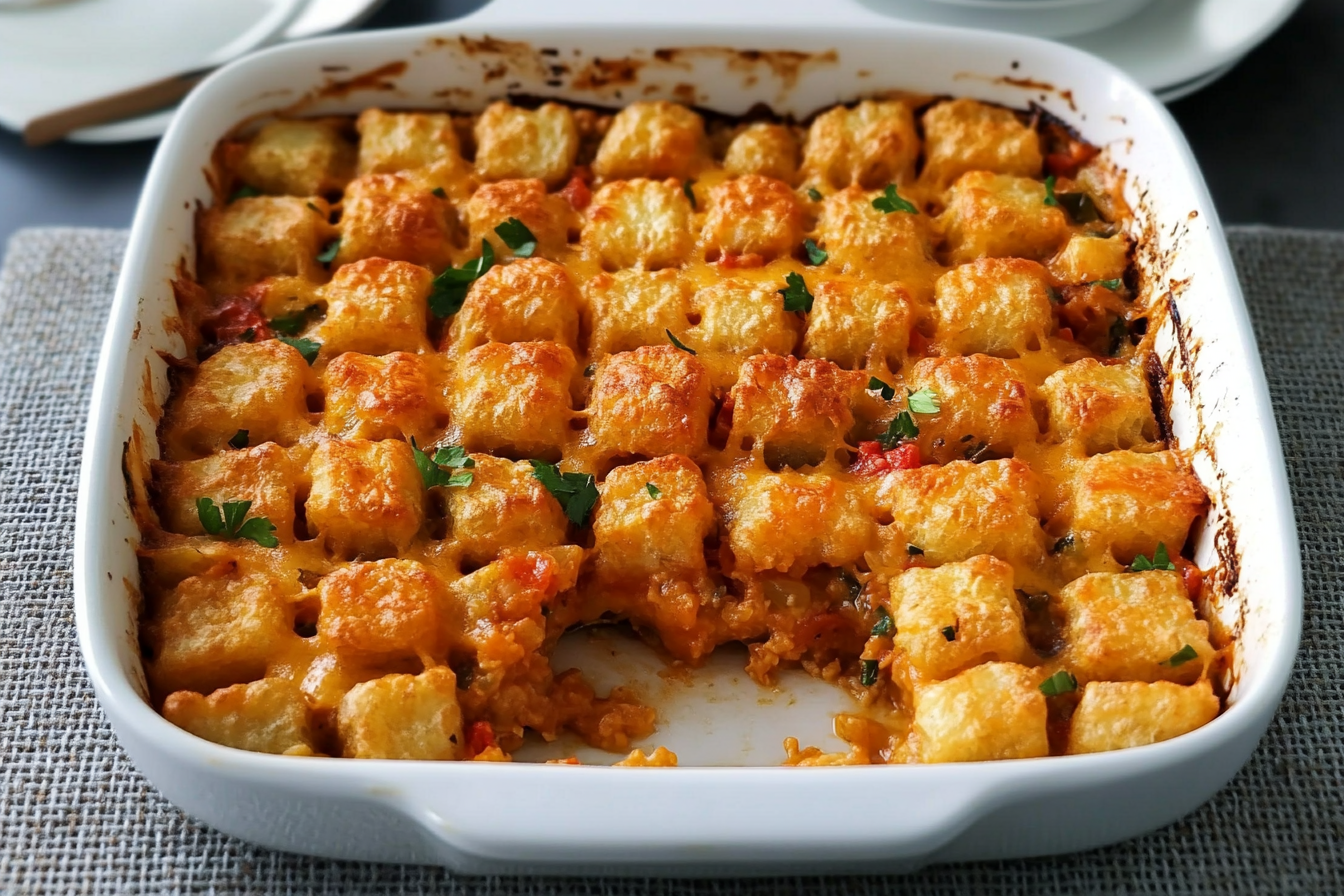 This comforting tater tot casserole brings nostalgia and satisfaction with every bite, perfect for family dinners or potlucks.