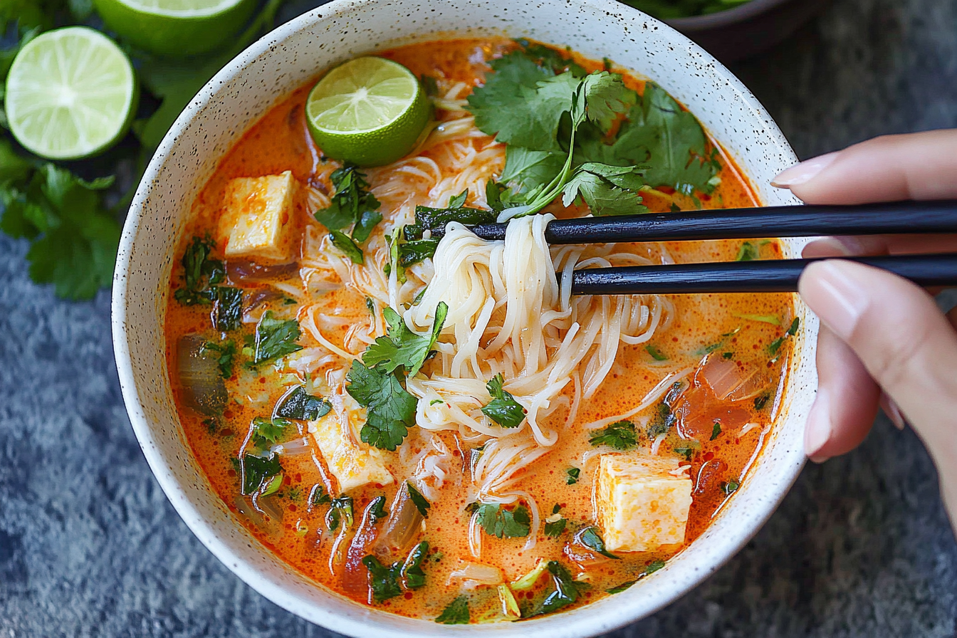 Experience the vibrant flavors of Thailand with this comforting Red Curry Noodle Soup, packed with tender chicken, rich coconut milk, and aromatic spices for a delightful meal any time of year.