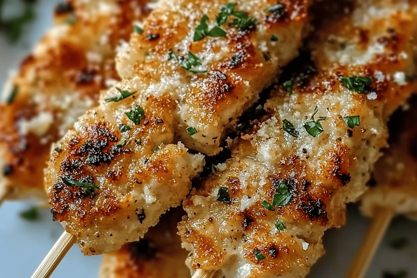 Succulent, flavorful chicken skewers coated in garlic and parmesan—a quick dinner that delivers on taste!