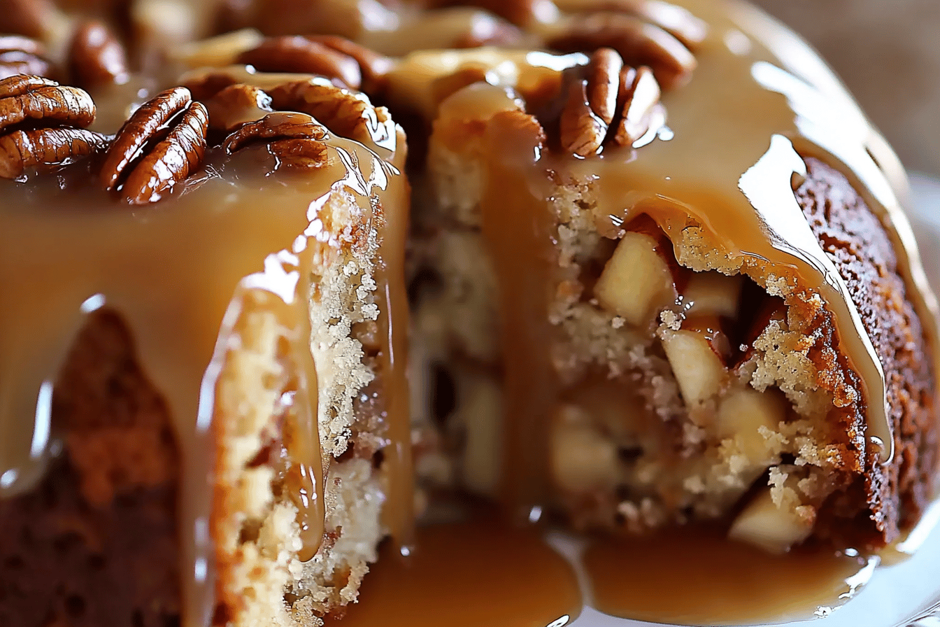 This apple pecan cake is a delightful blend of flavors and textures, topped with a luscious caramel glaze.