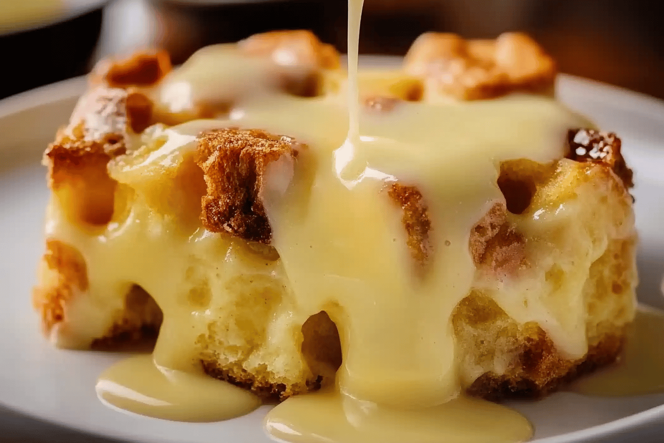 Warm bread pudding drizzled with creamy vanilla sauce is the ultimate comfort dessert for any occasion.
