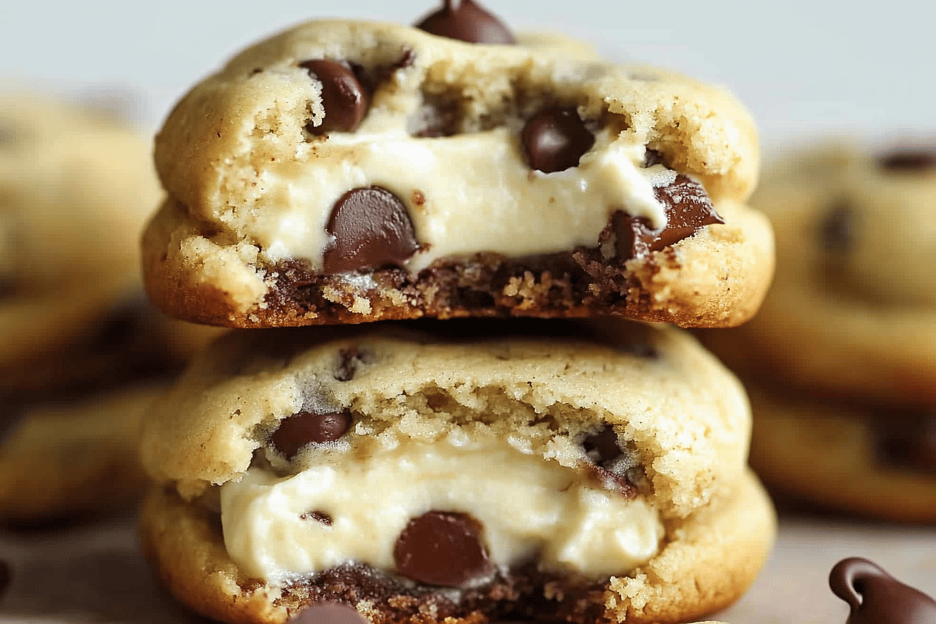 Indulge in a delightful treat combining chocolate chip cookies with creamy cheesecake filling.