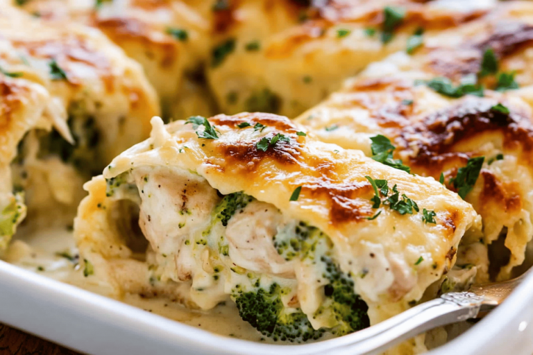Indulge in creamy Chicken and Broccoli Alfredo Roll-Ups, a sumptuous twist on a classic dish.