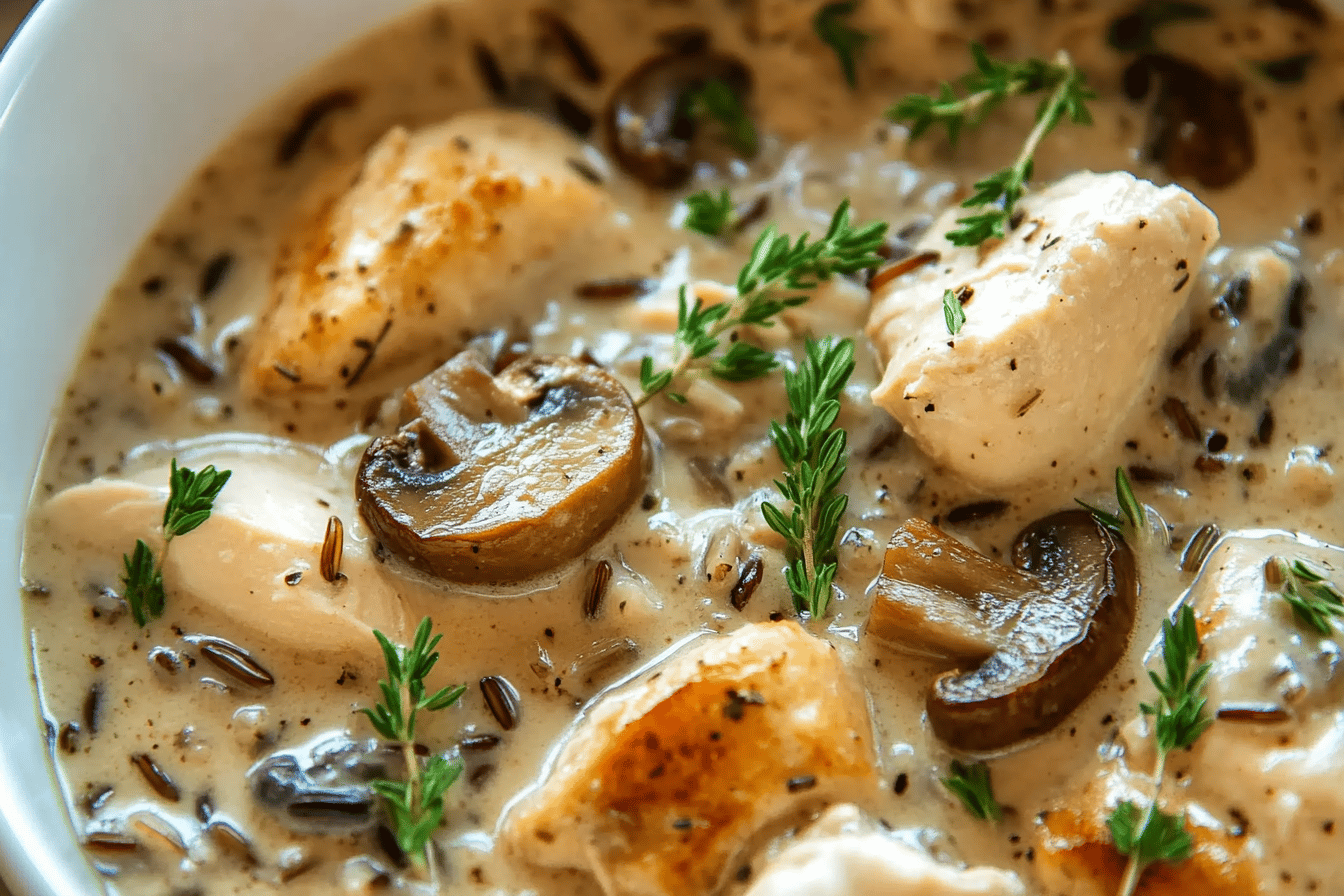 A hearty and creamy soup, perfect for chilly days, combining chicken, wild rice, and mushrooms.