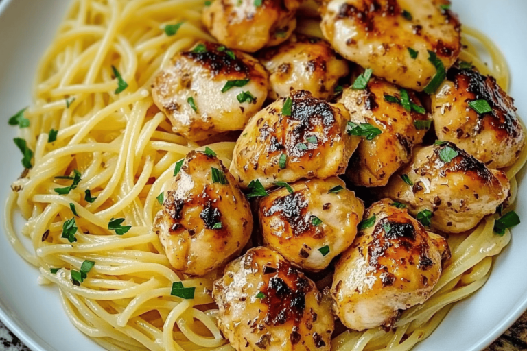 Indulge in a delightful symphony of garlic, lemon, and creamy Parmesan with this easy chicken pasta dish.