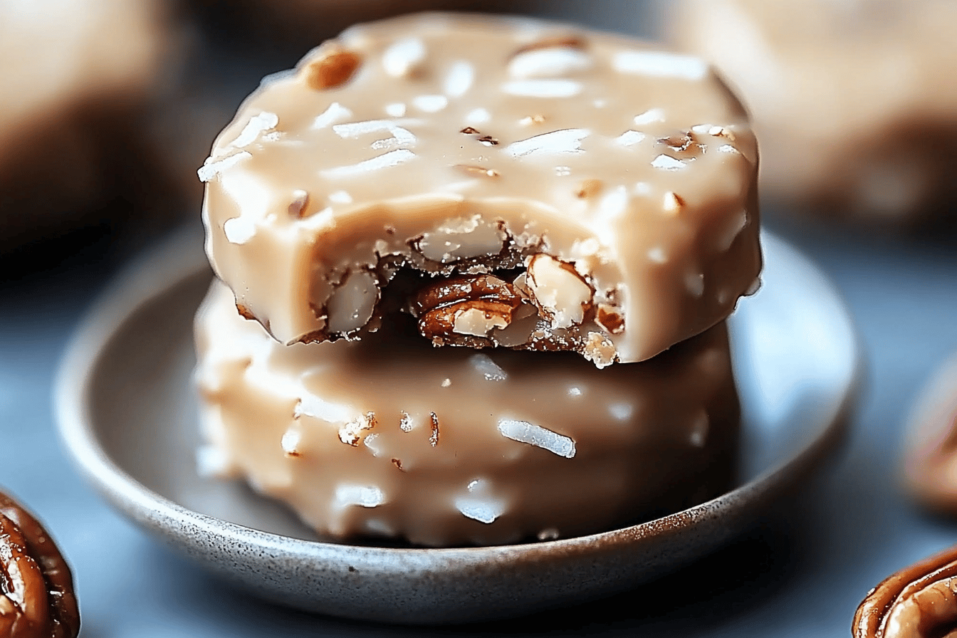 These no-bake coconut pecan praline cookies are a quick and delightful treat for any sweet tooth.