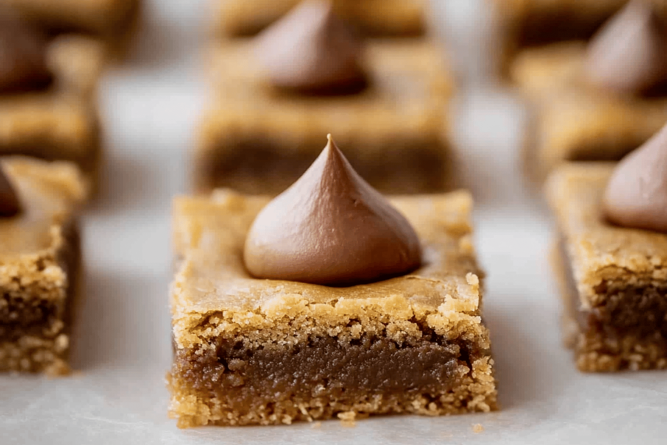 Indulge in these delicious Peanut Butter Blossom Bars, perfect for satisfying your sweet tooth.