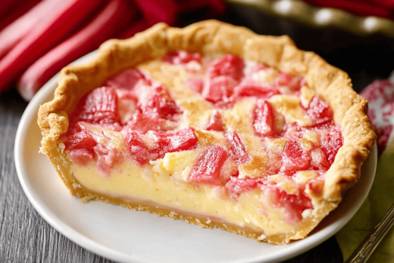 This delightful rhubarb custard pie combines sweet and tart flavors for a perfect dessert treat.