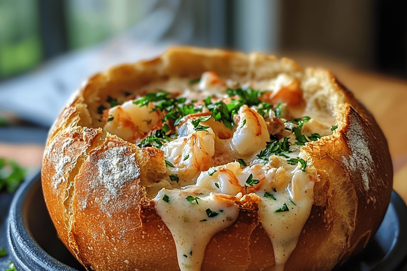 This chowder is a hearty delight, served in a warm, crusty bread bowl for ultimate comfort.