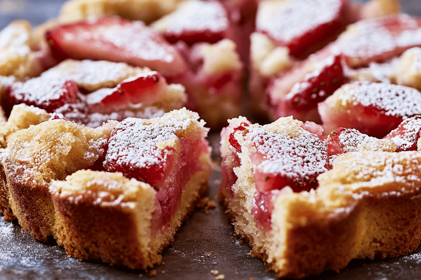 Enjoy the perfect balance of sweet strawberries and tart rhubarb in this delightful cake recipe.