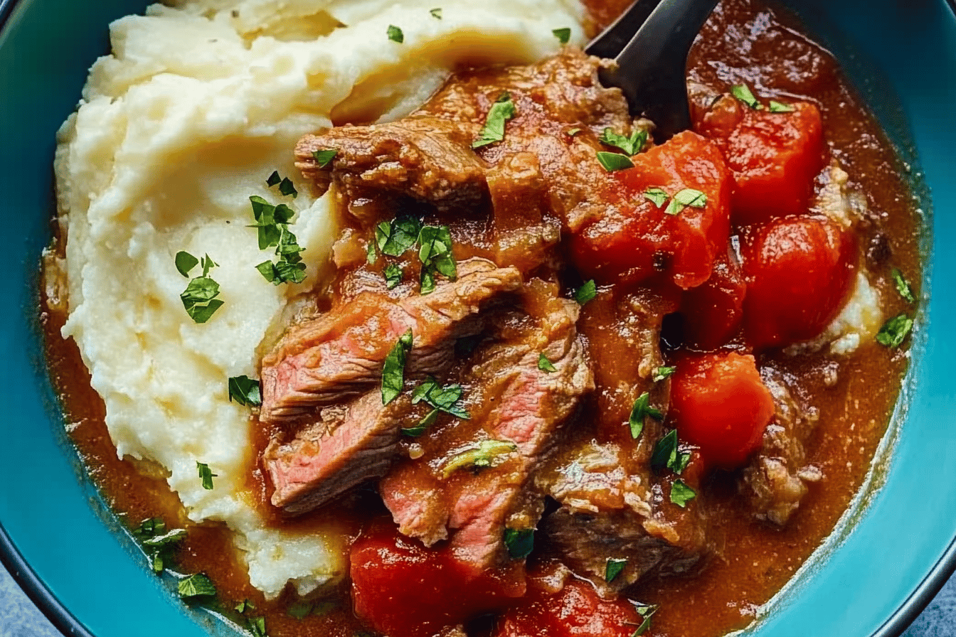 This Swiss steak recipe yields tender, flavorful beef simmered in a rich tomato sauce—perfect for a cozy dinner.