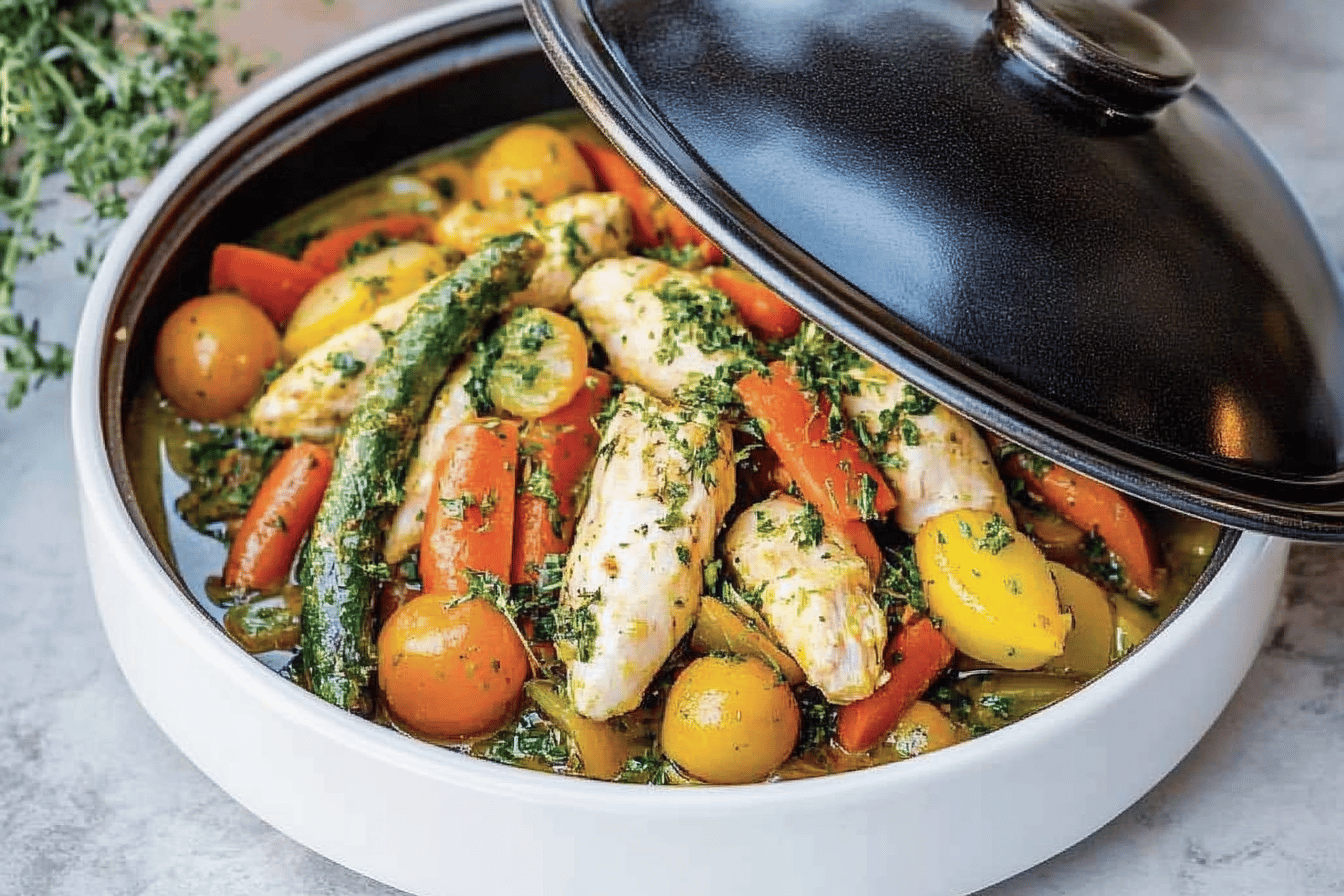 Savor this vibrant Chicken Tagine with Vegetables for a delightful, aromatic dinner experience.