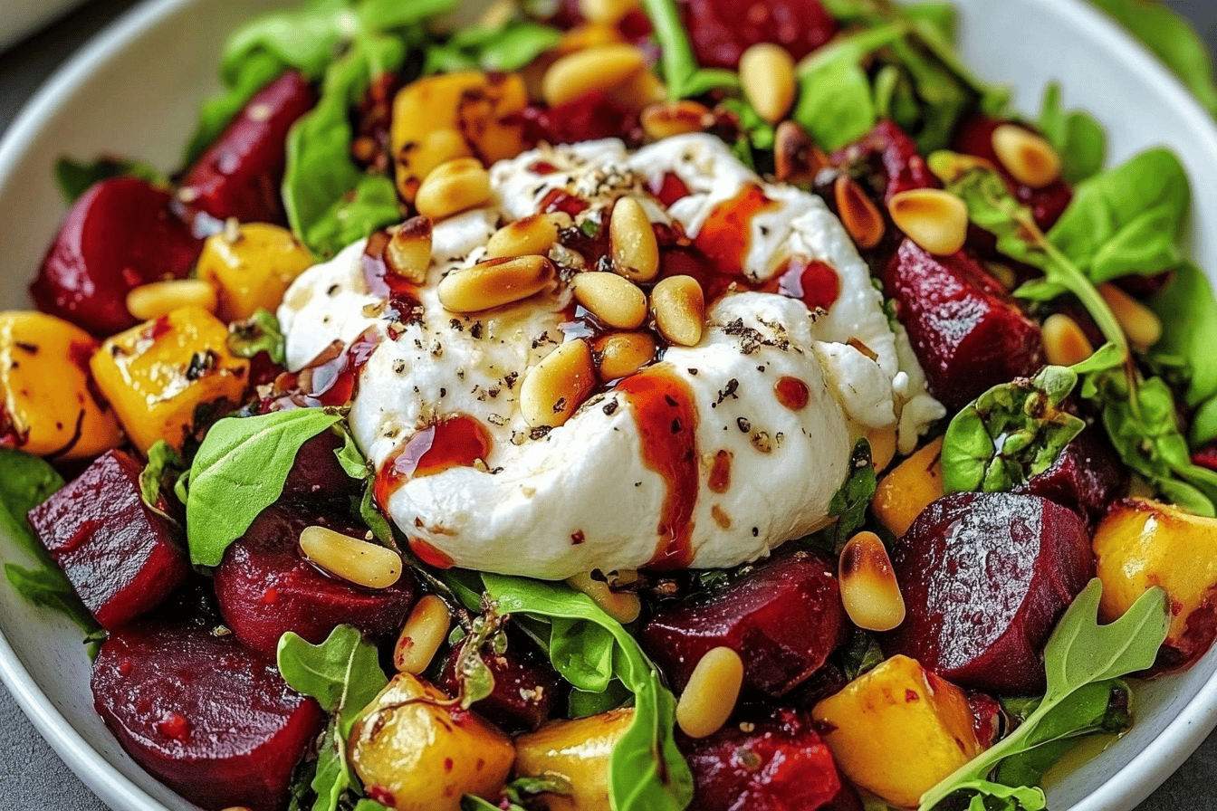 Experience the delightful combination of earthy beets and creamy burrata in this refreshing salad. 🥗🍽️