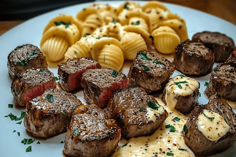 Indulge in tender steak bites and creamy shells for a cozy dinner! 🍽️🥩🧀