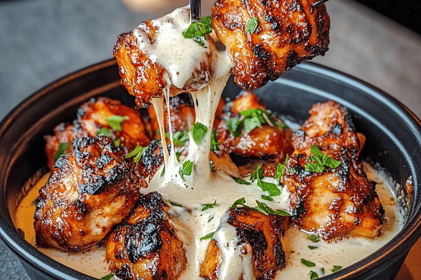 Enjoy tender chicken bites with a creamy garlic sauce in under 30 minutes.