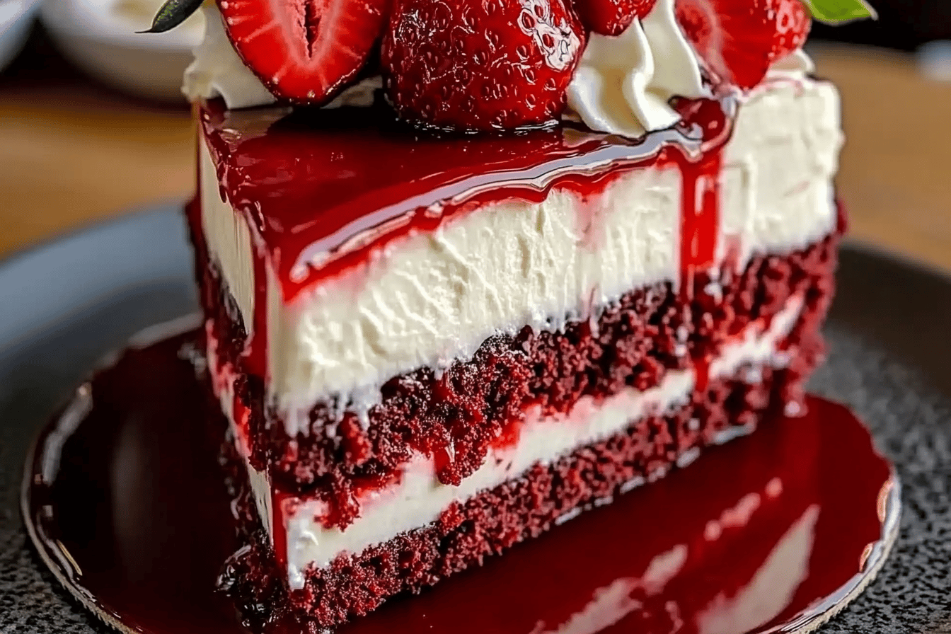 Experience the ultimate sweetness with this decadent dessert that combines red velvet cake and creamy strawberry cheesecake! 🍓🍰