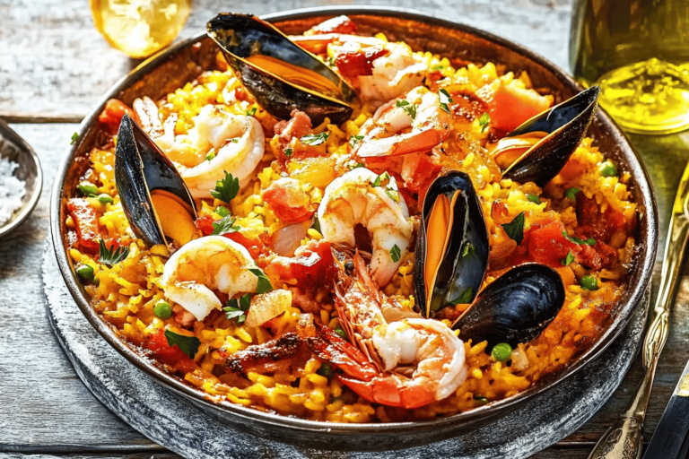 Discover the vibrant flavors of this classic seafood paella, perfect for any festive gathering.
