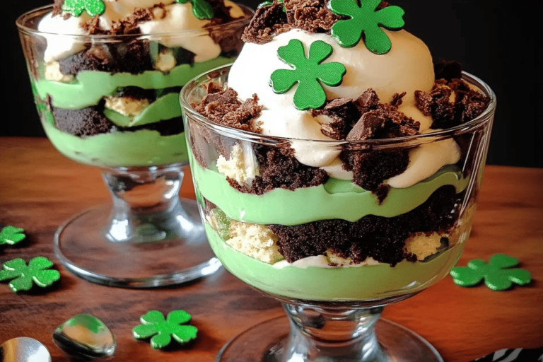 Indulge in a delightful dessert that layers brownie goodness with creamy treats and festive colors! ☘️🍫