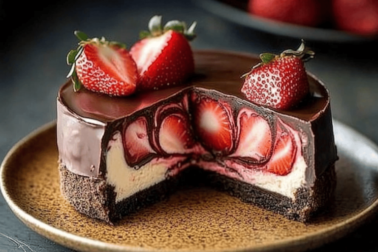 Indulge in this decadent chocolate strawberry cheesecake that's perfect for any celebration! 🍫🍓