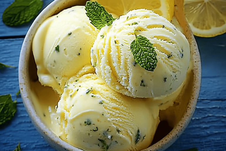 Beat the heat with this refreshing lemon-mint ice cream! Perfect for summer days! 🍋🌿