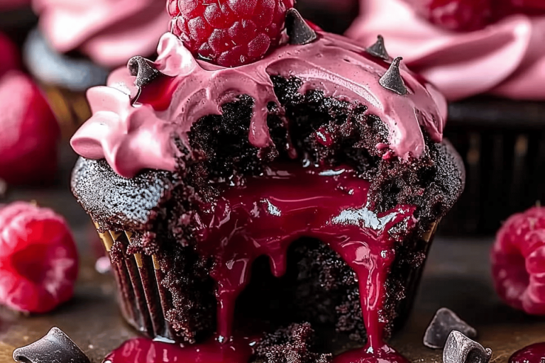 Indulge in delightful chocolate and raspberry goodness with these molten cupcakes. Perfect for any celebration! 🍫🍇