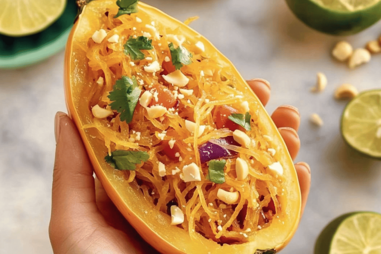 A delicious twist on classic Pad Thai using spaghetti squash! Perfect for a healthy meal. 🍜✨