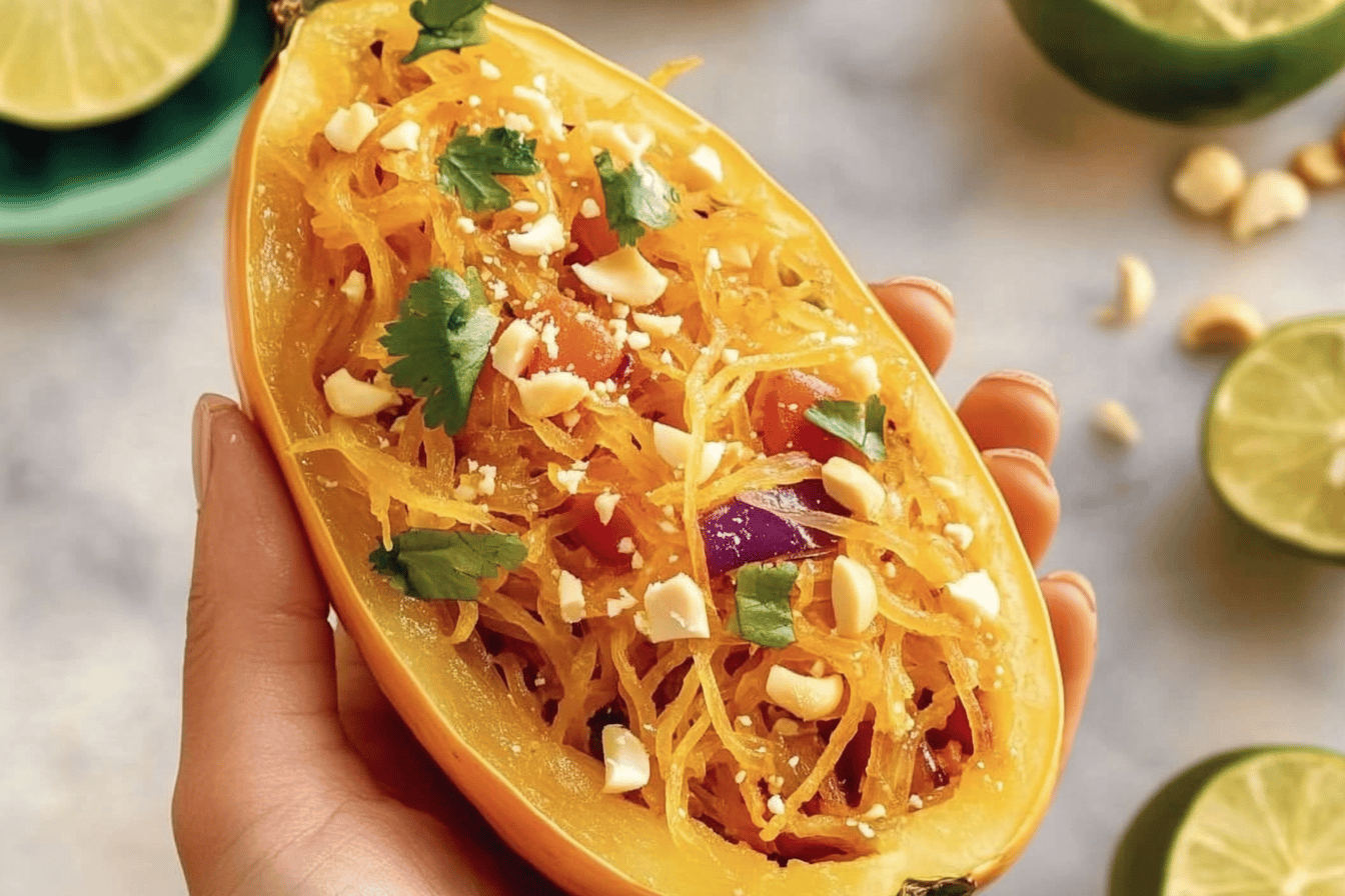 A delicious twist on classic Pad Thai using spaghetti squash! Perfect for a healthy meal. 🍜✨