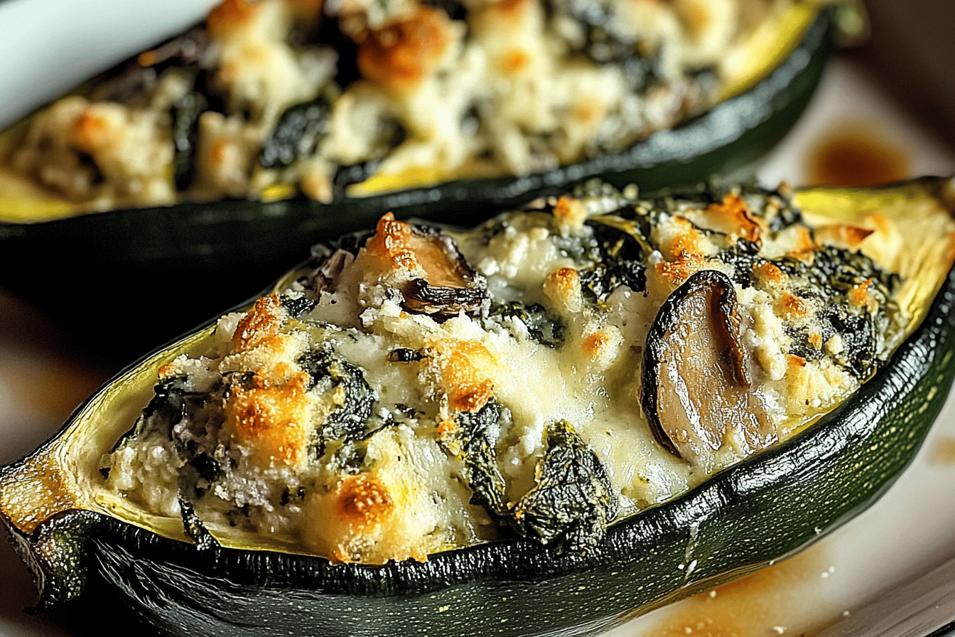 Delicious zucchini stuffed with spinach, mushrooms, and ricotta for a healthy meal. 🥒✨