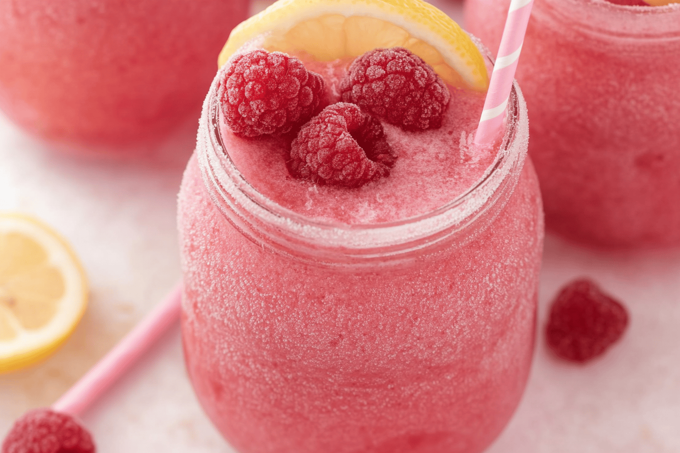Cool off this summer with a refreshing frozen raspberry lemonade! Perfect for sunny days. ☀️🍹