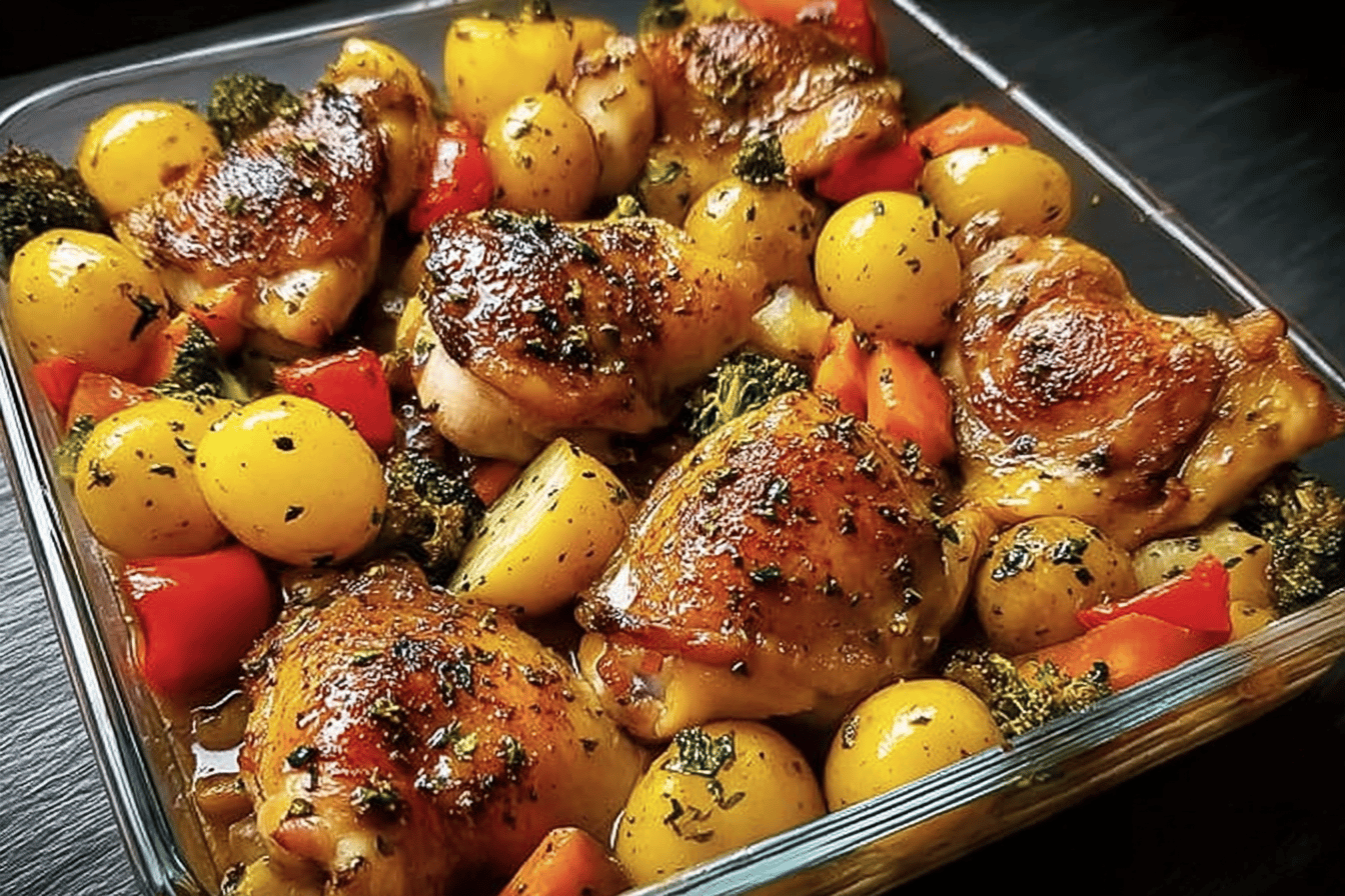This one-pan herb-roasted chicken is crispy, juicy, and a family favorite! 🍗🥦🥕