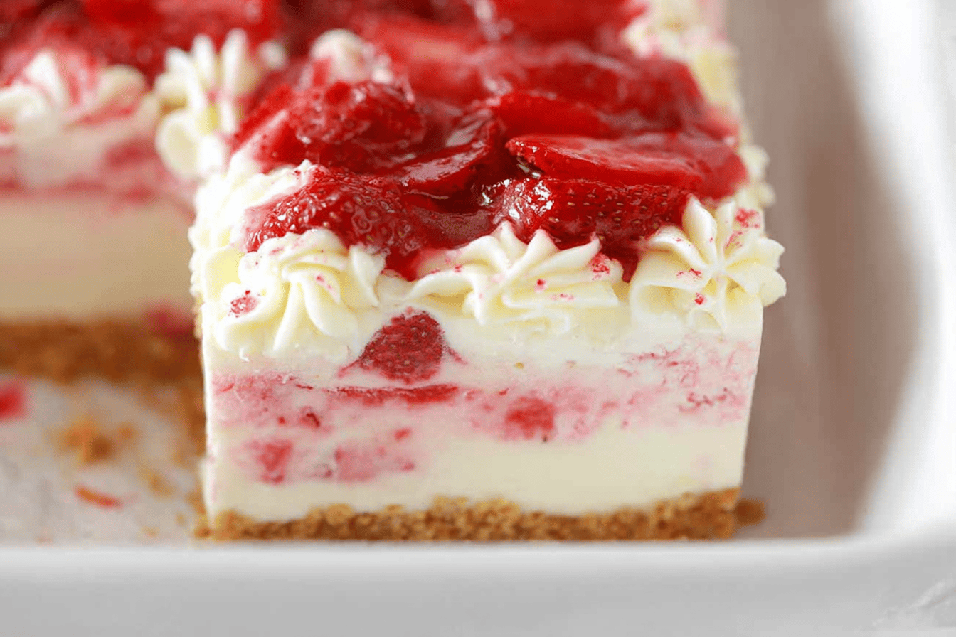 Indulge in the creamy layers of strawberry delight. A perfect treat for any occasion! 🍓🥳