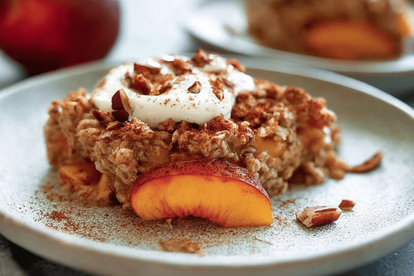 Enjoy a delicious and healthy start to your day with this Peach Baked Oatmeal recipe! 🍑✨