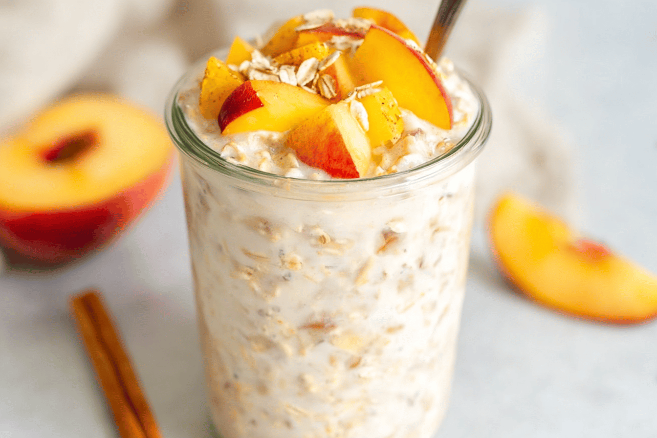 Start your day with delicious peach pie overnight oats packed with flavor and nutrition! 🍑🥣