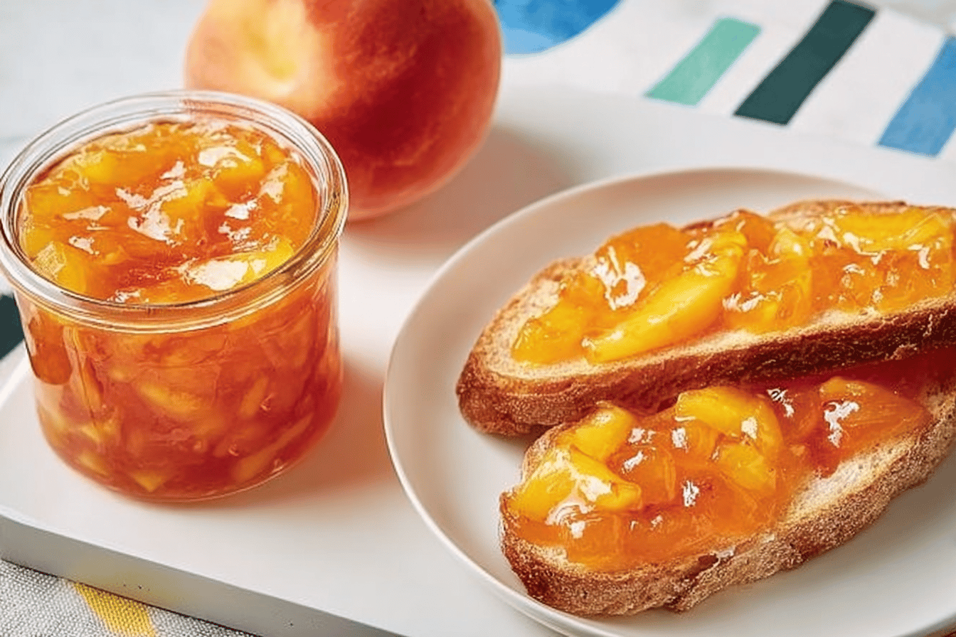 Make your mornings sweet with homemade peach preserves! Perfect for toast and biscuits. 🍑🥐