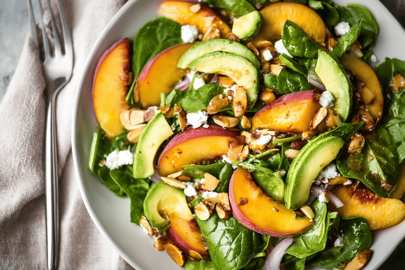 Enjoy the freshness of summer with this delicious peach spinach salad. Perfect for lunch! 🍑🥗