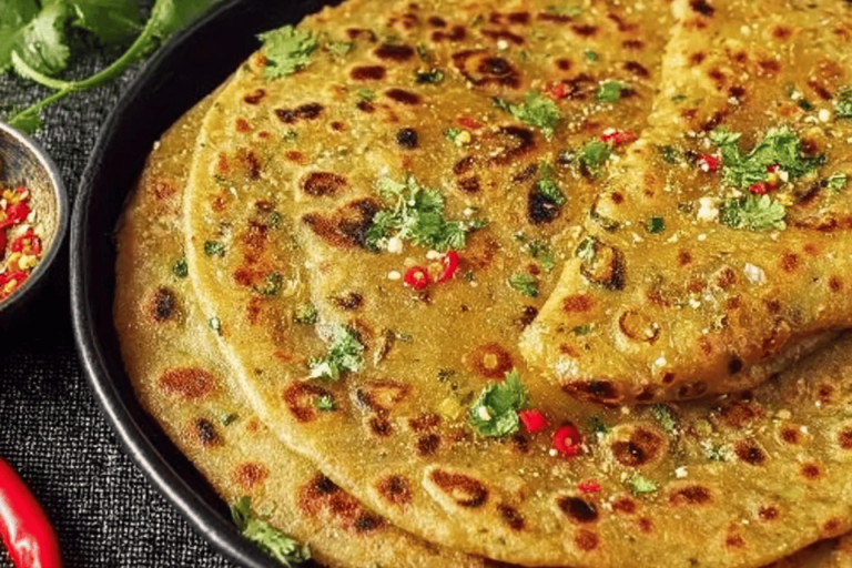 Satisfy your cravings with a spicy and delicious Green Chili Paratha! Perfect for breakfast! 🌶️🥘