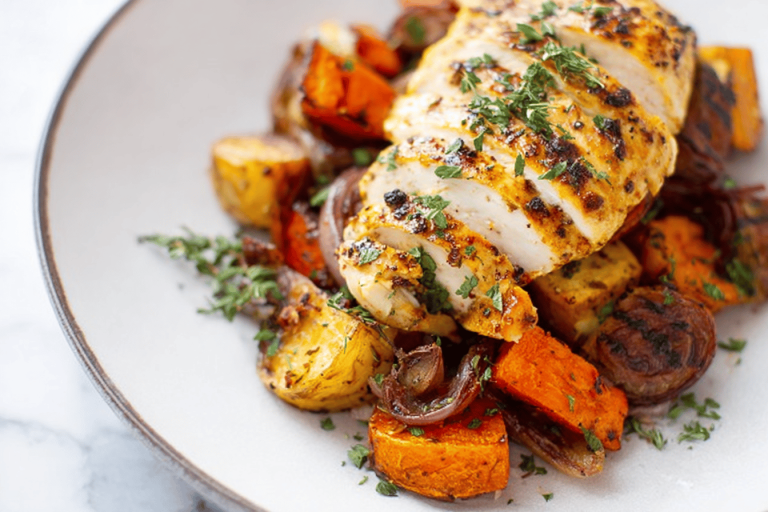 Savor the tastes of fresh herbs and roasted veggies in a vibrant one-pan dish. 🌿🥕🍗