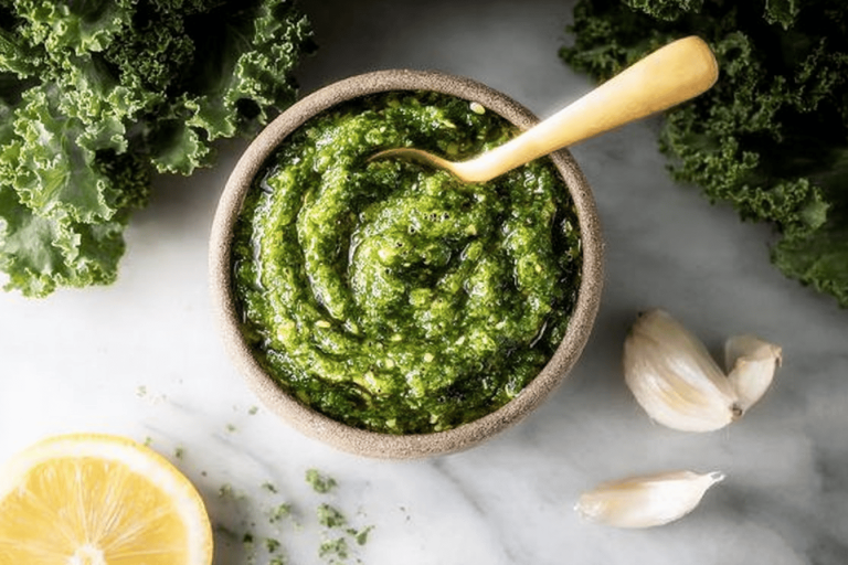 This kale pesto is quick to make and packed with flavor! Perfect for any dish! 🥗✨