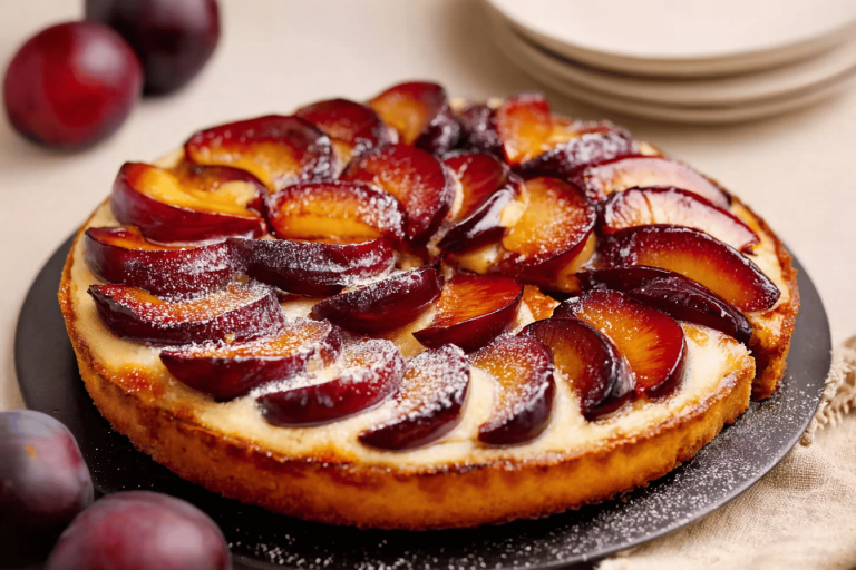 Indulge in the deliciousness of this homemade plum tart! Perfect for any dessert lover. 🍑🍰