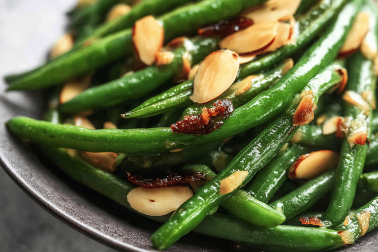 Deliciously simple sautéed green beans with garlic and almonds for a quick side dish. 🌱🍽️